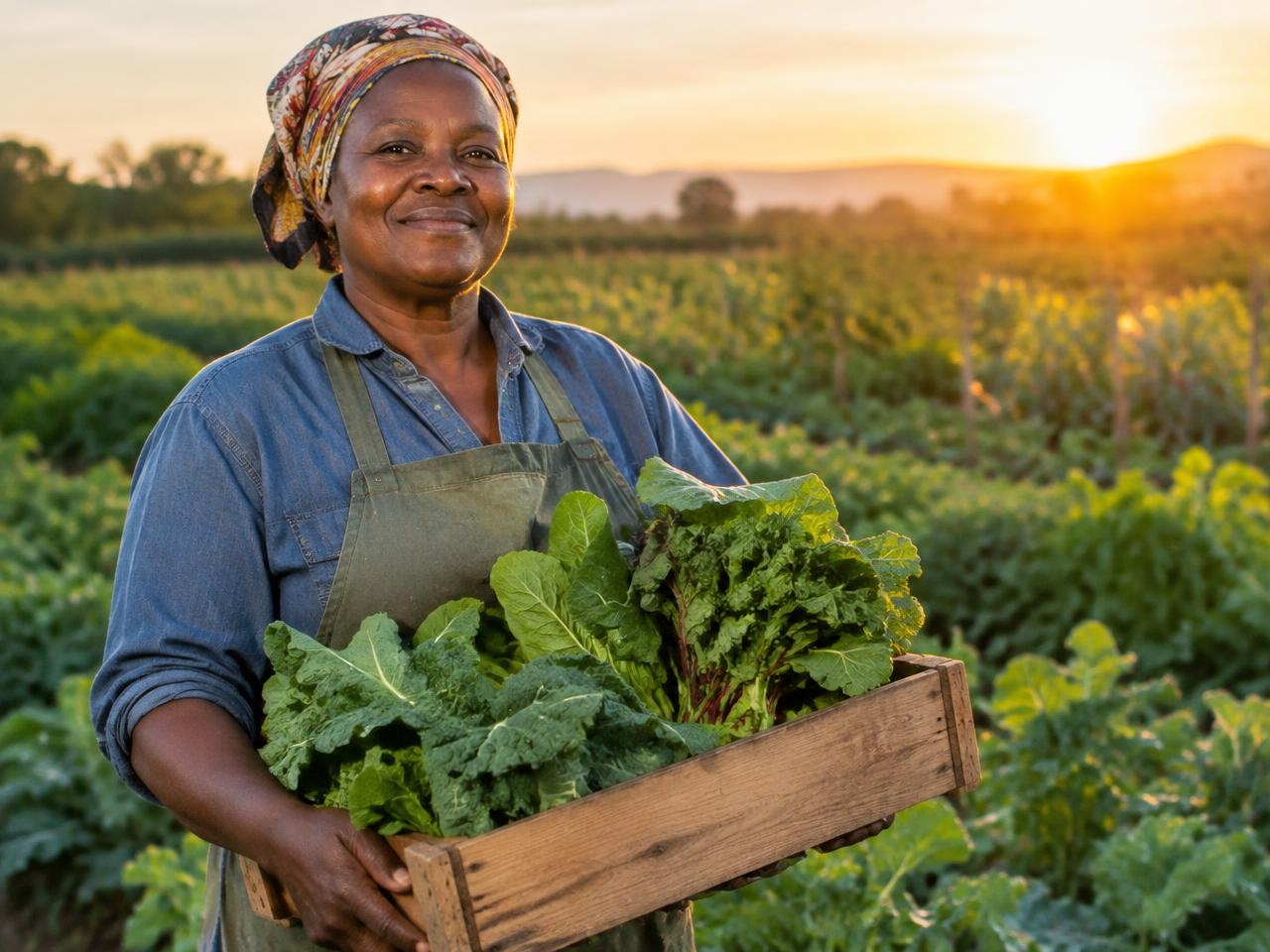 A farmer holding a crate of fresh greens