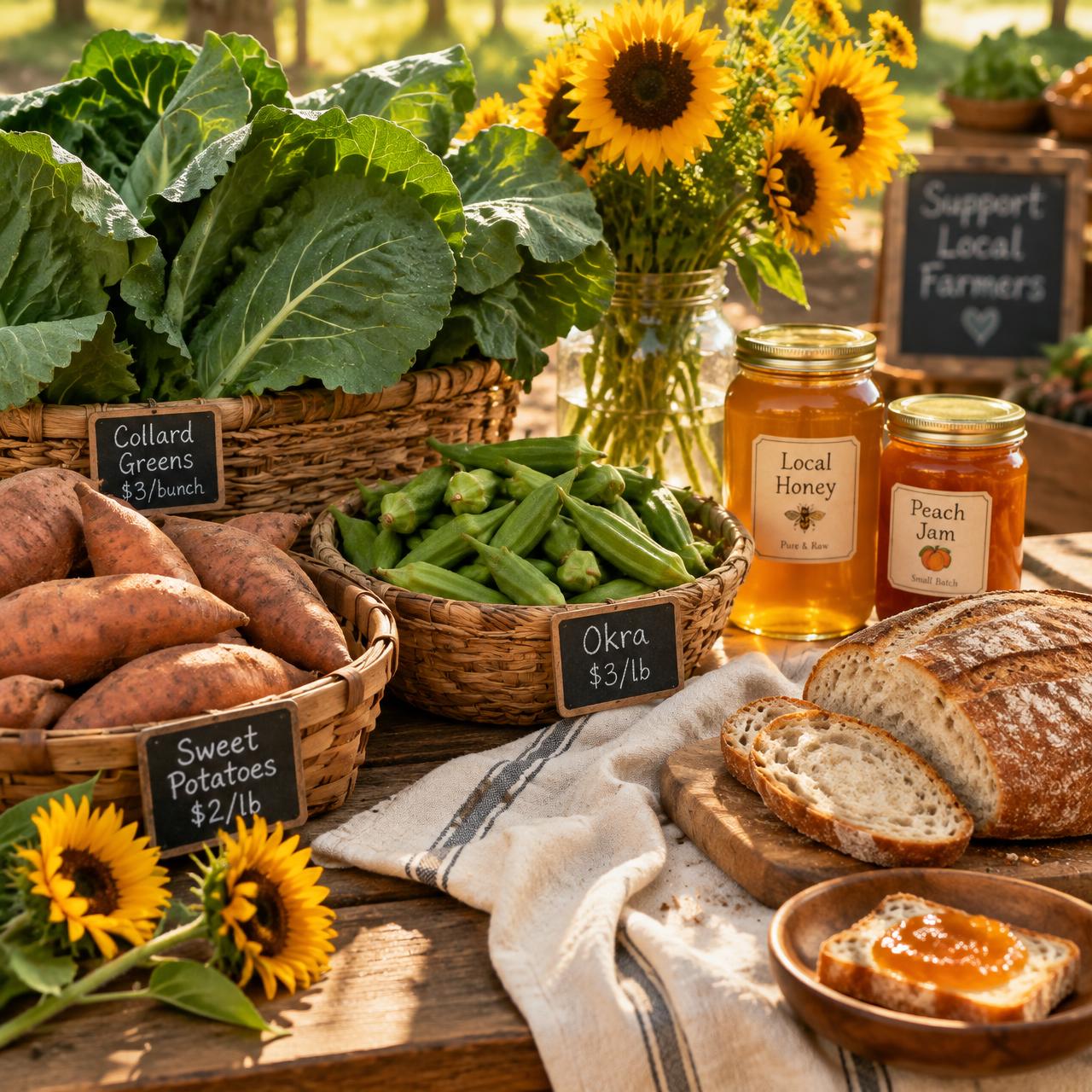 Baskets of collard greens, sweet potatoes, okra, honey and jam jars on a farmers market table
